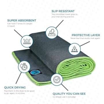 Youphoria Yoga Microfiber Non-Slip Towel - Hot Yoga Mat Towel for Enhanced Grip and Sweat Absorption - Gray with Green Stitching