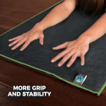 Youphoria Yoga Microfiber Non-Slip Towel - Hot Yoga Mat Towel for Enhanced Grip and Sweat Absorption - Gray with Green Stitching