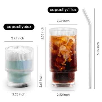 Combler Water Glasses Drinking Set of 8, 4pcs 11oz Glass Cups with Straws & 4pcs 6oz Cocktail Glasses, Cute Small Cups, Ribbed Glassware Sets for Wine Iced Coffee, Kitchen Housewarming Gifts