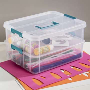 Sterilite 1427CLR Stack & Carry - 2 Layer Box, Clear Lid & Blue Handle, See-through layers