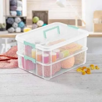Sterilite 1427CLR Stack & Carry - 2 Layer Box, Clear Lid & Blue Handle, See-through layers