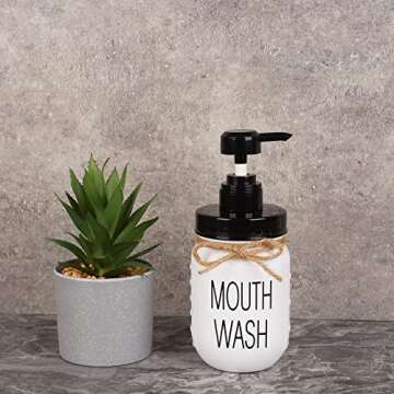 Onsogi Farmhouse Mouthwash Dispenser for Bathroom, 16 Oz White Glass Mason Jar Mouthwash Dispenser with Rust-Proof Pump & lid for Vintage Boho Modern Bathroom Decor - 1 Pack
