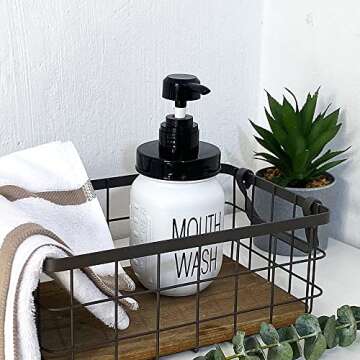 Onsogi Farmhouse Mouthwash Dispenser for Bathroom, 16 Oz White Glass Mason Jar Mouthwash Dispenser with Rust-Proof Pump & lid for Vintage Boho Modern Bathroom Decor - 1 Pack