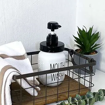 Onsogi Farmhouse Mouthwash Dispenser for Bathroom, 16 Oz White Glass Mason Jar Mouthwash Dispenser with Rust-Proof Pump & lid for Vintage Boho Modern Bathroom Decor - 1 Pack