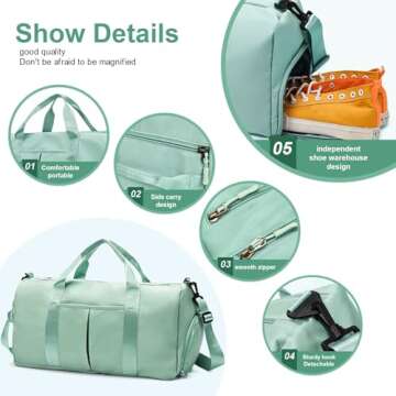 ZGWJ Sports Gym Bag with Wet Pocket & Shoes Compartment, Waterproof Shoulder Weekender for Women and Men Swim Travel Lightweight easy Carry on Green