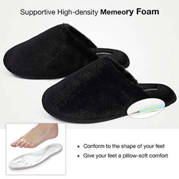 Snug Leaves Women's Fuzzy Scuff Slippers Soft Comfy Memory Foam Non-slip Indoor House Shoes (Black, Size 7-8)