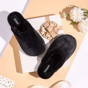 Snug Leaves Women's Fuzzy Scuff Slippers Soft Comfy Memory Foam Non-slip Indoor House Shoes (Black, Size 7-8)