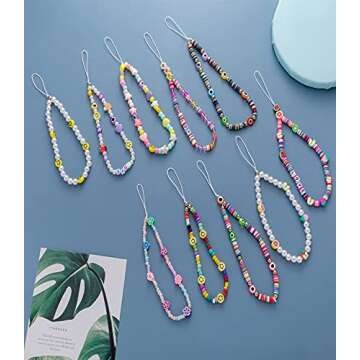 Honsny 10PCS Beaded Phone Charms Smile Face Cell Phone Lanyard Wrist Strap Fruit Star Pearl Rainbow Beaded Phone Chain for Women