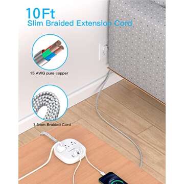 10Ft Flat Plug Power Strip, Ultra Thin Extension Cord - 3 Outlets 4 USB Ports (2 USB C) Desktop Charging Station, Cruise Ship Power Strip with No Surge Protection for Travel, Dorm Room Essentials