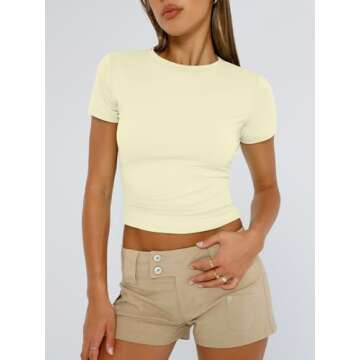 Trendy Queen Womens Basic T Shirts Summer 2025 Scoop Neck Short Sleeve Crop Tops Slim Fit Tees Y2k C...