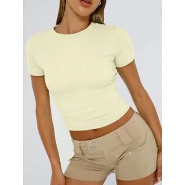 Trendy Queen Womens Basic T Shirts Summer 2025 Scoop Neck Short Sleeve Crop Tops Slim Fit Tees Y2k Clothing LemonYellow XS