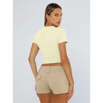 Trendy Queen Womens Basic T Shirts Summer 2025 Scoop Neck Short Sleeve Crop Tops Slim Fit Tees Y2k Clothing LemonYellow XS