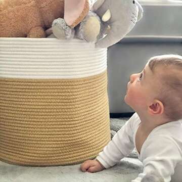 Tirrito Cotton Rope Woven Storage Basket Large 15x15x14 Inches | Organic Nursery Hamper Bin and Organizer for Baby Blanket, Toys, Towels and Laundry/Beautiful Decorative Baskets (White/Beige)