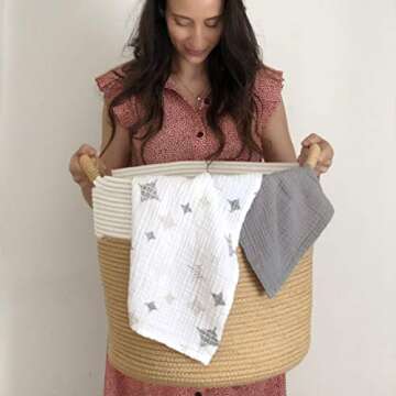 Tirrito Cotton Rope Woven Storage Basket Large 15x15x14 Inches | Organic Nursery Hamper Bin and Organizer for Baby Blanket, Toys, Towels and Laundry/Beautiful Decorative Baskets (White/Beige)