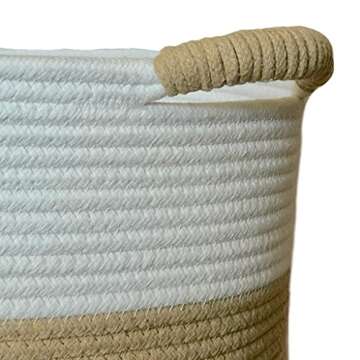 Tirrito Cotton Rope Woven Storage Basket Large 15x15x14 Inches | Organic Nursery Hamper Bin and Organizer for Baby Blanket, Toys, Towels and Laundry/Beautiful Decorative Baskets (White/Beige)