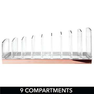 mDesign Plastic Divided Cosmetic Palette Organizer with 9 Sections - Makeup Storage for Bathroom Vanity, Cabinet, Drawer - Holds Eyeshadow, Blush, Powder - Lumiere Collection - Clear/Rose Gold