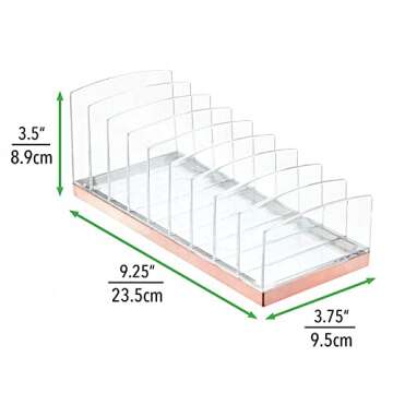mDesign Plastic Divided Cosmetic Palette Organizer with 9 Sections - Makeup Storage for Bathroom Vanity, Cabinet, Drawer - Holds Eyeshadow, Blush, Powder - Lumiere Collection - Clear/Rose Gold