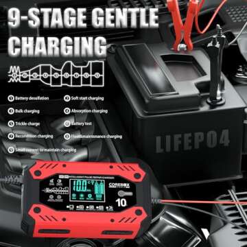Smart 10-Amp Battery Charger for Cars & Motorcycles