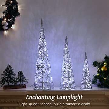Lewondr Christmas Cone Trees, Set of 3 Christmas Tree with Lights and Glitters(24"/18"/12"), Battery...