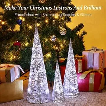Lewondr Christmas Cone Trees, Set of 3 Christmas Tree with Lights and Glitters(24"/18"/12"), Battery Powered Decorative Winding Thread Outdoor Cone Christmas Tree for Home Holiday Xmas Décor, Silver