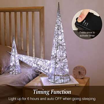 Lewondr Christmas Cone Trees, Set of 3 Christmas Tree with Lights and Glitters(24"/18"/12"), Battery Powered Decorative Winding Thread Outdoor Cone Christmas Tree for Home Holiday Xmas Décor, Silver