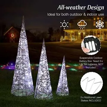 Lewondr Christmas Cone Trees, Set of 3 Christmas Tree with Lights and Glitters(24"/18"/12"), Battery Powered Decorative Winding Thread Outdoor Cone Christmas Tree for Home Holiday Xmas Décor, Silver