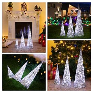 Lewondr Christmas Cone Trees, Set of 3 Christmas Tree with Lights and Glitters(24"/18"/12"), Battery Powered Decorative Winding Thread Outdoor Cone Christmas Tree for Home Holiday Xmas Décor, Silver