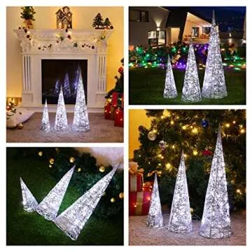 Lewondr Christmas Cone Trees, Set of 3 Christmas Tree with Lights and Glitters(24"/18"/12"), Battery Powered Decorative Winding Thread Outdoor Cone Christmas Tree for Home Holiday Xmas Décor, Silver