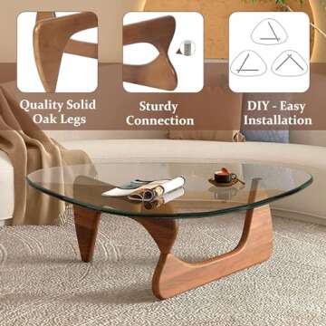 Triangle Glass Coffee Table-Mid-Century Modern End Table Solid Wood Base and Vintage Tempered Transparent Glass Top Coffee Tables Living Room Balcony (32.3 * 24 * 16in, Walnut Transparent)
