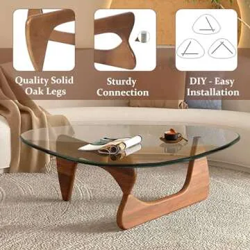 Triangle Glass Coffee Table-Mid-Century Modern End Table Solid Wood Base and Vintage Tempered Transparent Glass Top Coffee Tables Living Room Balcony (32.3 * 24 * 16in, Walnut Transparent)