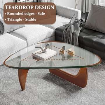 Triangle Glass Coffee Table-Mid-Century Modern End Table Solid Wood Base and Vintage Tempered Transparent Glass Top Coffee Tables Living Room Balcony (32.3 * 24 * 16in, Walnut Transparent)