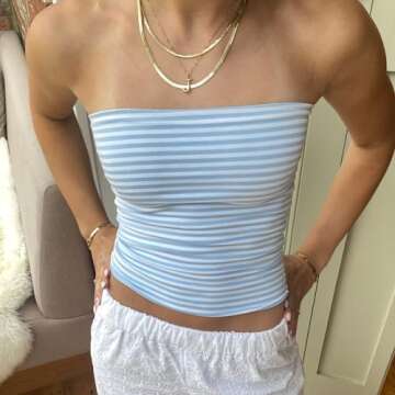 Chloefairy Summer Women's Striped Solid Bandeau Tube Tops Strapless Slim Fit Basic Going Out Crop Top (Blue Stripe, L)