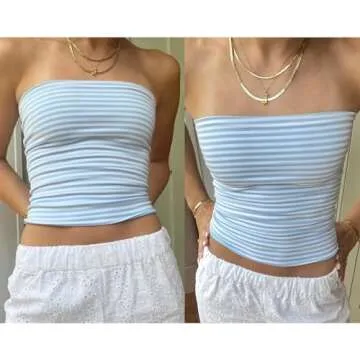 Chloefairy Summer Women's Striped Solid Bandeau Tube Tops Strapless Slim Fit Basic Going Out Crop Top (Blue Stripe, L)
