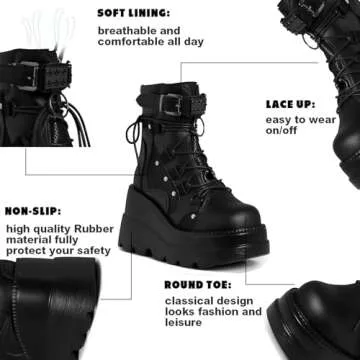 Tscoyuki Platform Ankle Boots for Women Chunky High Heel Booties Goth Round Toe Combat Boots Women Lace Up Motorcycle Wedges