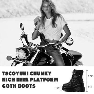 Tscoyuki Platform Ankle Boots for Women Chunky High Heel Booties Goth Round Toe Combat Boots Women Lace Up Motorcycle Wedges