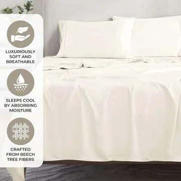 Superior Modal from Beechwood 300 Thread Bed Sheet Set, 1 Elastic Deep Pocket Fitted Sheet, 1 Flat Sheet, 2 Pillowcases, Soft Cool Sheets, Sateen Weave, Bedding Essentials, King, Ivory
