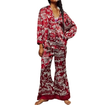Fenghualzzniya Women Satin Pajama Set - Floral Sleepwear Set in Red, Medium