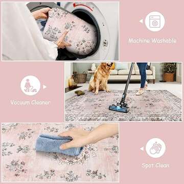Lahome Washable Pink Rug 5x7 Area Rugs,Boho Soft Large Living Room Rug for Bedroom Girls Nursery Rug Non-Slip, Pastel Floral Playroom Dining Carpet for Home Door Office Kid Room, Peach