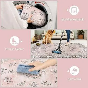Lahome Soft Floral Washable Pink Area Rug 5x7