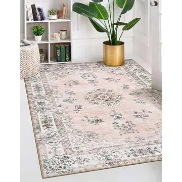 Lahome Soft Floral Washable Pink Area Rug 5x7