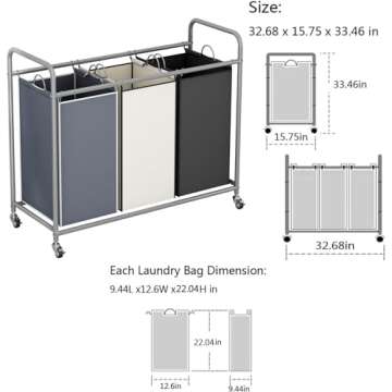 LINZINAR 3-Bag Laundry Sorter with Rolling Wheels