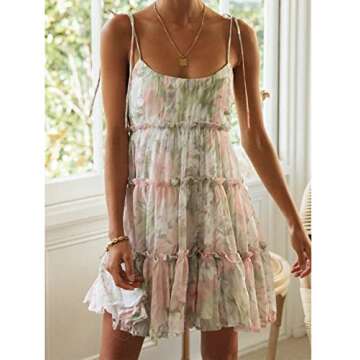 Mansy Womens 2024 Summer Floral Mini Dress Boho Flowy Skater Dresses Short Sleeveless Ruffle Spaghetti Strap Dress Pink Green