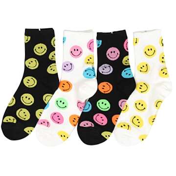CUSTOMONACO Womens Funny Novelty Fashion Casual Cotton Crew Socks (Smile Pattern 4 Pairs) One Size