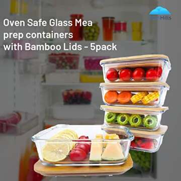 BlueHills Premium Glass Meal Prep Lunch Containers with bamboo Lids Plastic Free Glass Food Containers BPA-Free Microwave Oven Freezer Dishwasher Safe 5 pack set 10 pieces (G004 bamboo lid)