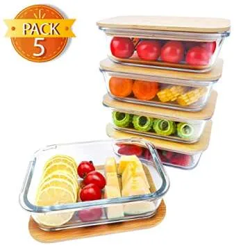 BlueHills Premium Glass Meal Prep Lunch Containers with bamboo Lids Plastic Free Glass Food Containers BPA-Free Microwave Oven Freezer Dishwasher Safe 5 pack set 10 pieces (G004 bamboo lid)