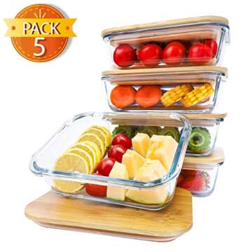 BlueHills Premium Glass Meal Prep Lunch Containers with bamboo Lids Plastic Free Glass Food Containers BPA-Free Microwave Oven Freezer Dishwasher Safe 5 pack set 10 pieces (G004 bamboo lid)