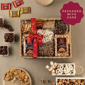 KREMERY Creamy Chocolate Cravings - Holiday Christmas Chocolate Covered Pretzels & Caramel Popcorn Gift Basket in Seagrass Tray + Ribbon Deluxe (3.5 lbs) Xmas Kwanzaa Birthday Sweet Treat Kosher Dairy