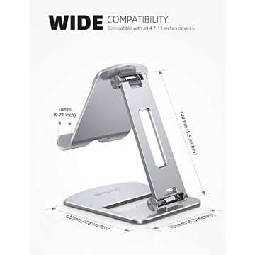 Lamicall Tablet Stand, Foldable Holder - Adjustable Tablet Dock, for 4.7" - 13" Tablet, Such as iPad Pro 11/10.5/12.9, Mini, Air, Galaxy Tabs, Kindle, Silver