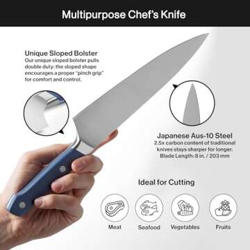 Misen Ultimate 8 Inch Chef's Knife - Pro Kitchen Knife - High Carbon Japanese Stainless Steel - Hybrid German and Japanese style blade - Craftsmanship for Culinary Enthusiasts, 8 in - Blue