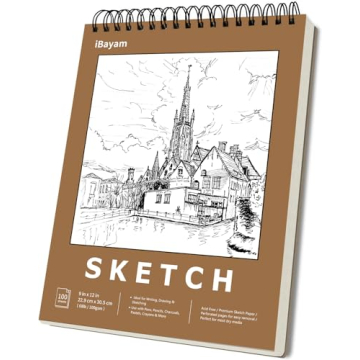 iBayam 9" x 12" Premium Sketch Book Set, 1-Pack Spiral Bound Drawing Paper, 100 Sheets (68lb/100gsm)...